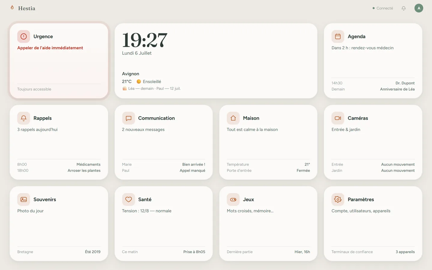 Tableau de bord de Hestia, hub familial en développement