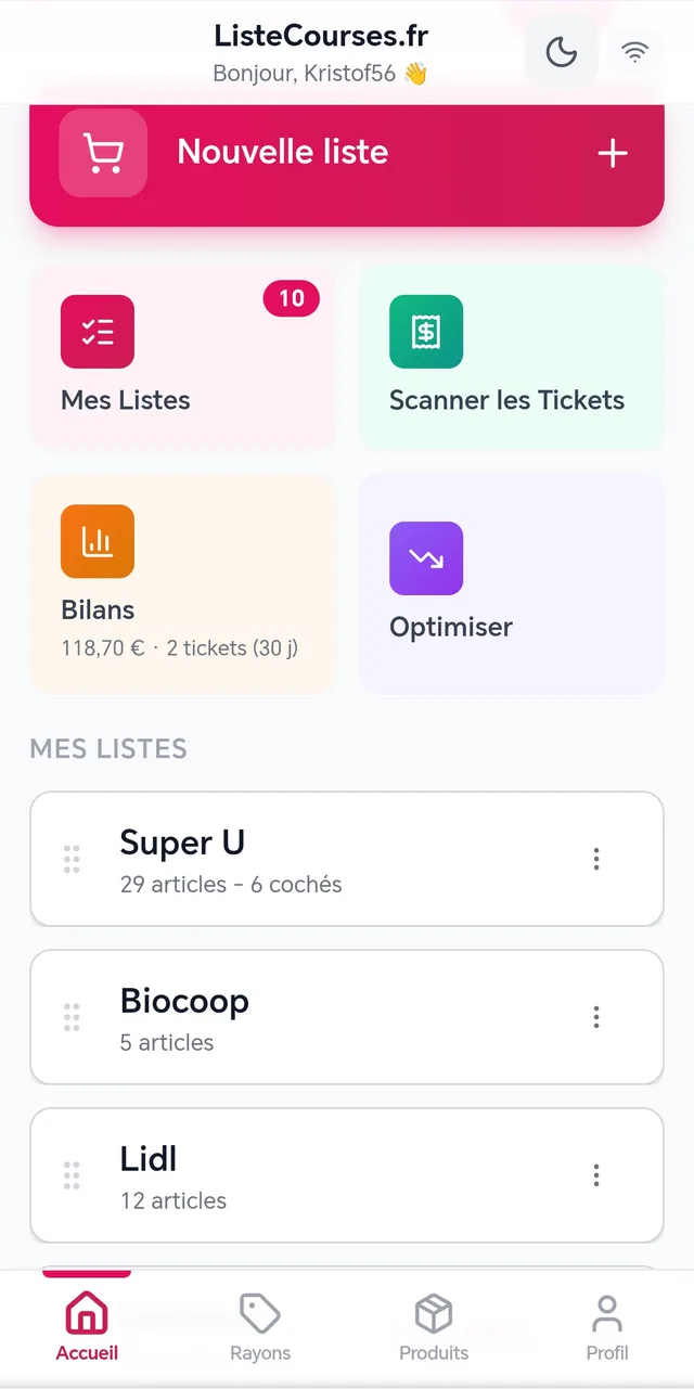 Écran d'accueil de ListeCourses.fr